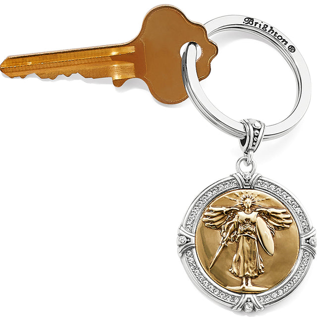 Keychain with angel pendant and gold key on a white background