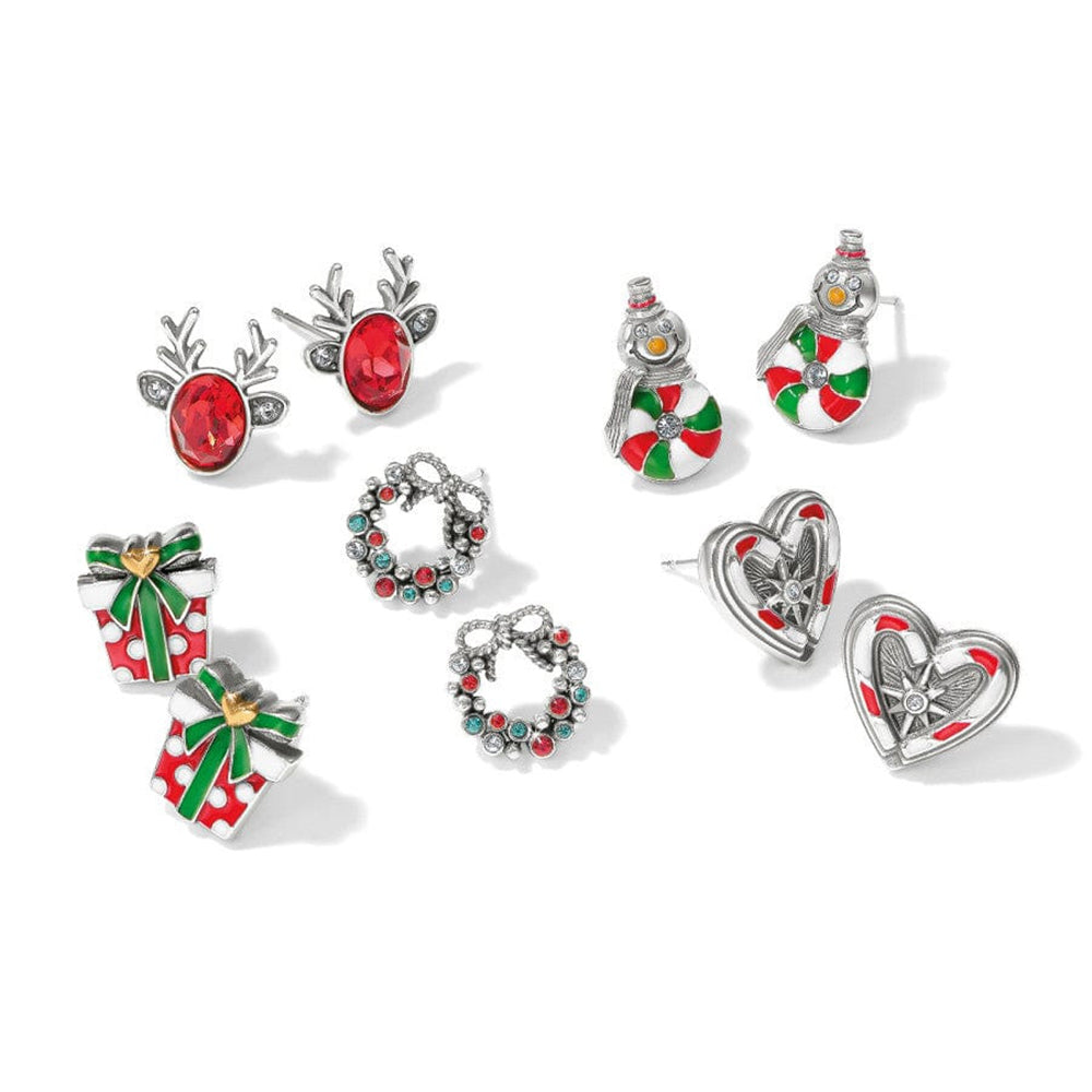 Set of festive earrings including reindeer, snowman, wreath, and gift box designs on a white background.