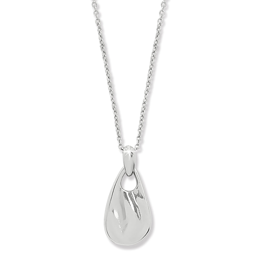 Silver teardrop pendant necklace on a white background