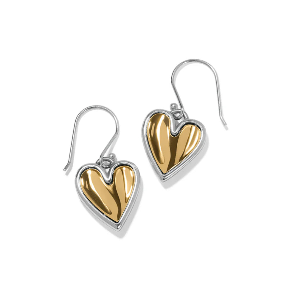 Heart-shaped earrings with gold and silver finish on a white background