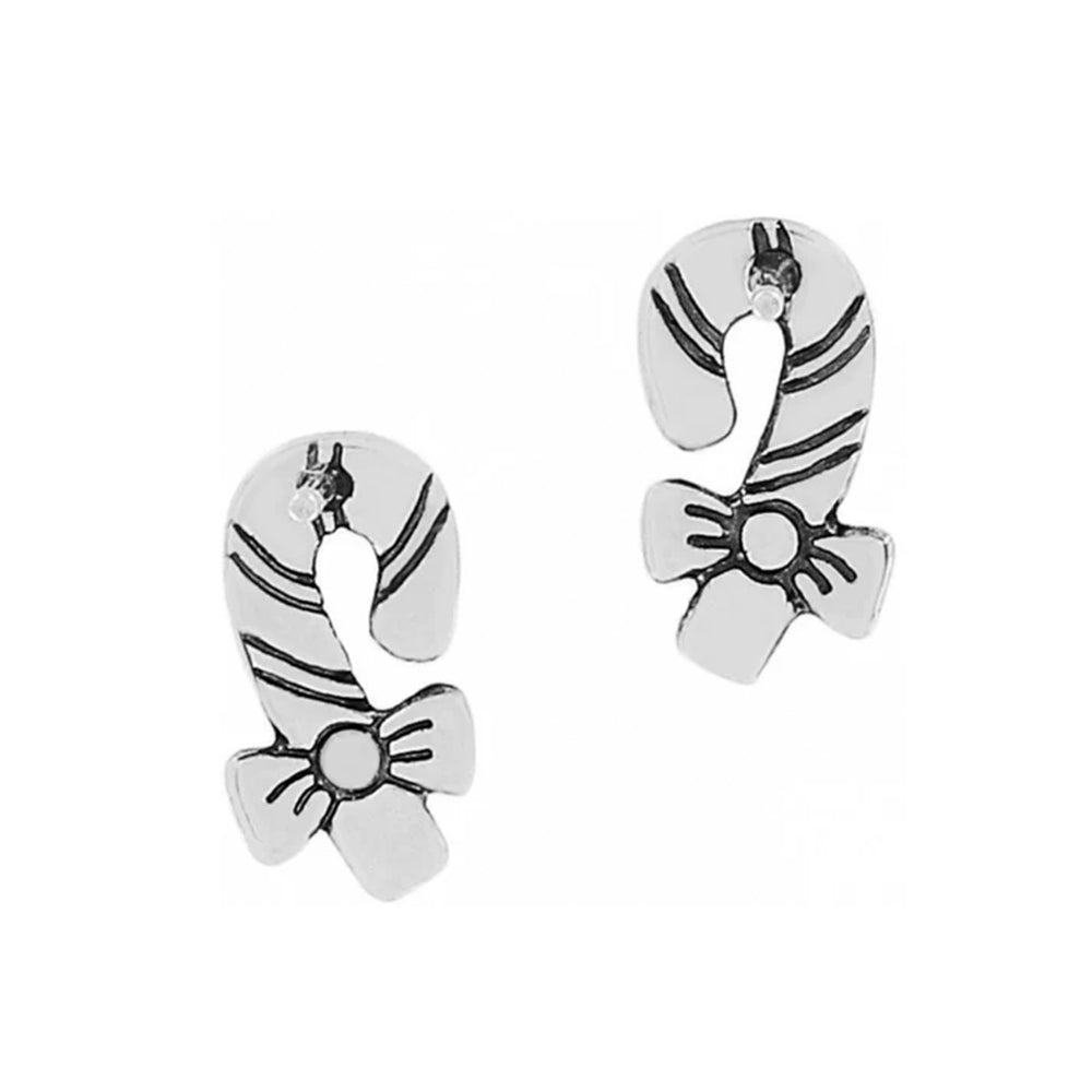 Silver candy cane-shaped earrings with bow details on a white background