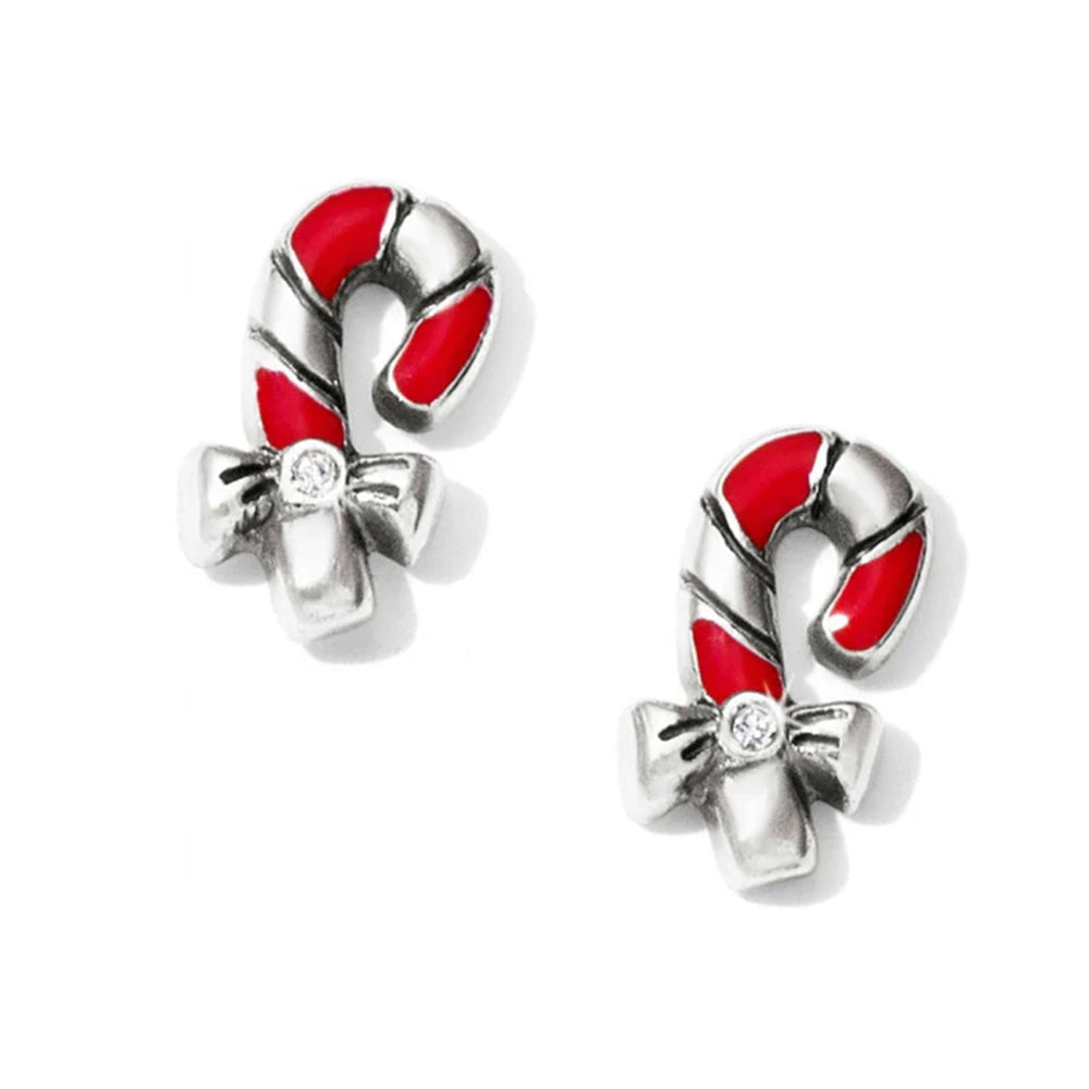 Candy cane-shaped earrings with red and silver design on a white background