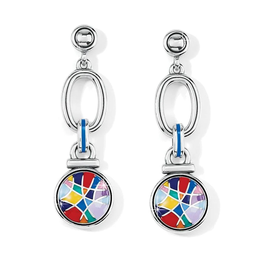 Pair of earrings with colorful circular charms on a white background