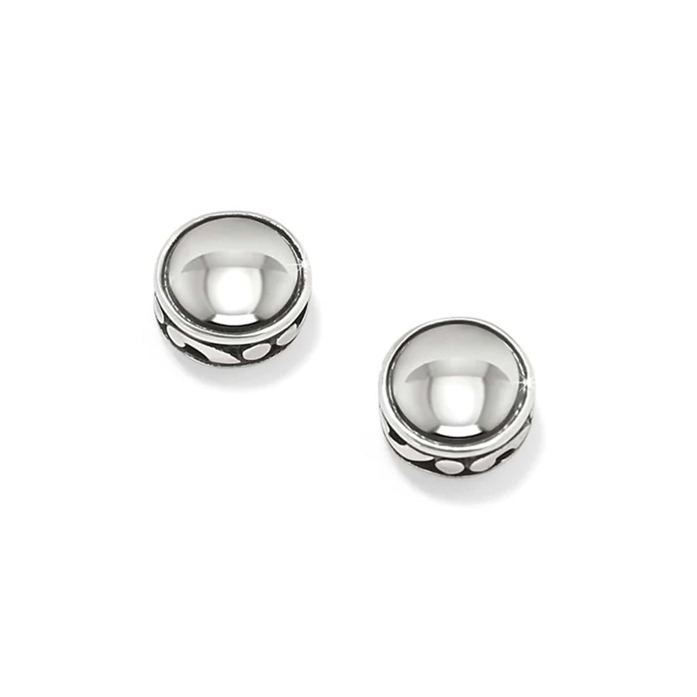 Pair of silver beaded earrings on a white background