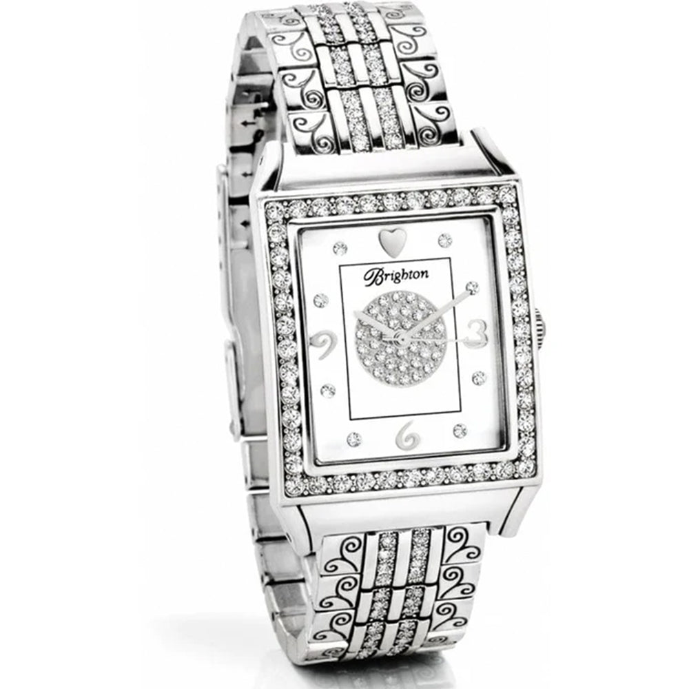 Silver watch with intricate design on a white background
