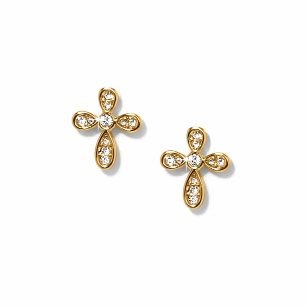 Gold cross-shaped earrings with clear gemstones on a white background