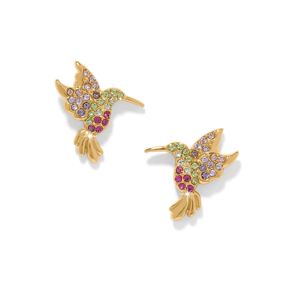 Gold hummingbird earrings with colorful gemstones on a white background