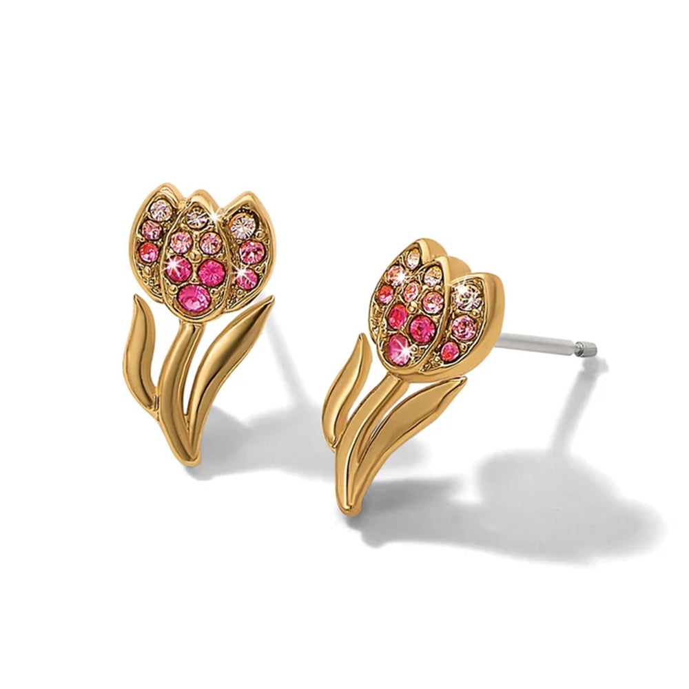 Gold tulip-shaped earrings with pink gemstones on a white background