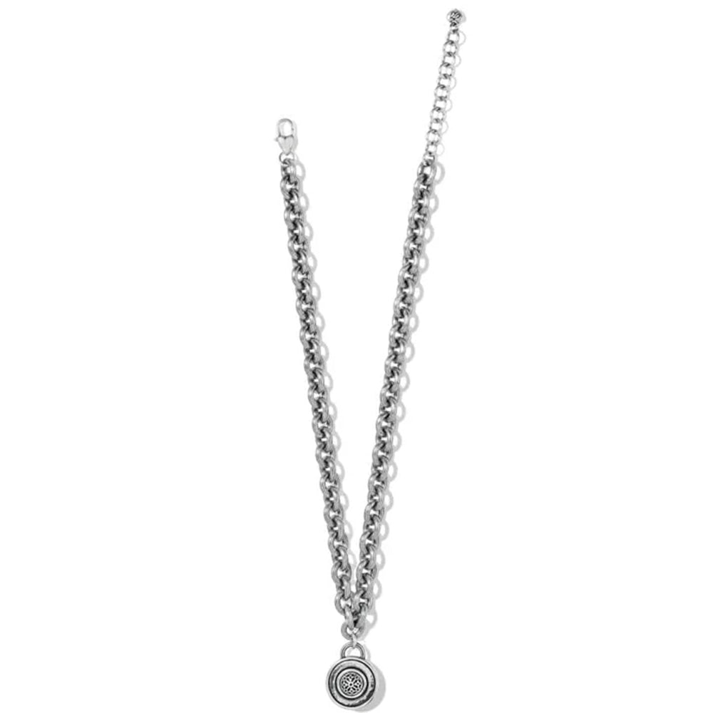 Silver chain necklace with a pendant on a white background