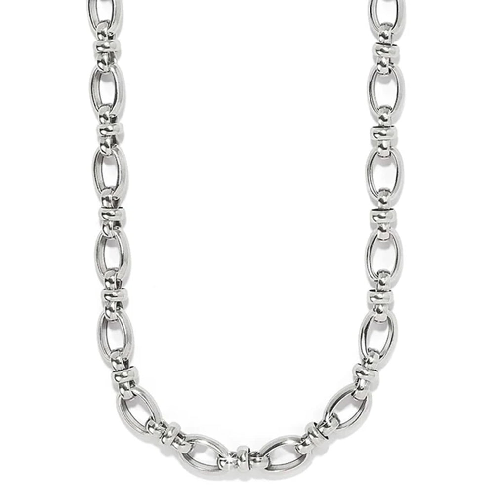 A polished silver-toned metal chain necklace with elongated oval links and smaller connecting beads, shown against a plain white background.