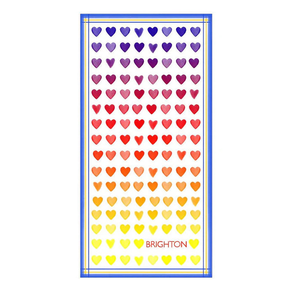 Towel with colorful heart pattern and 'Brighton' branding on a white background