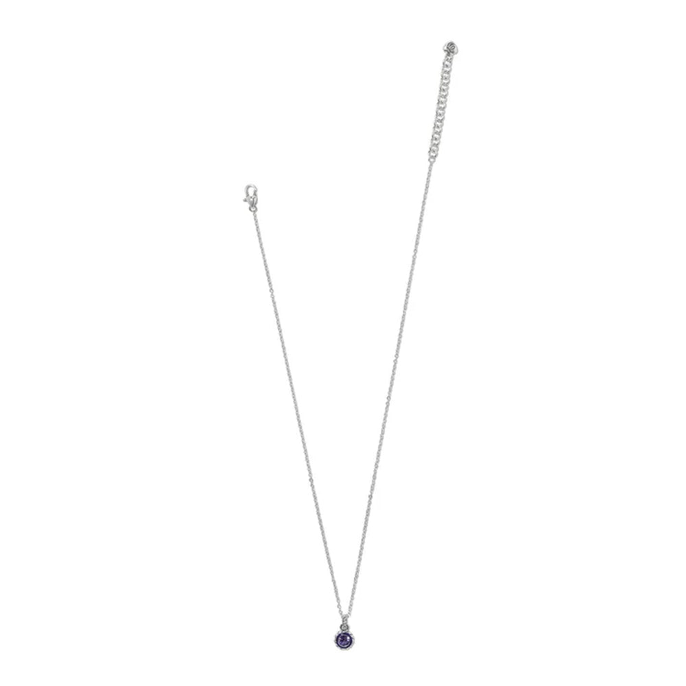 A delicate silver chain necklace with a small round dark purple gemstone pendant, displayed against a solid white background.