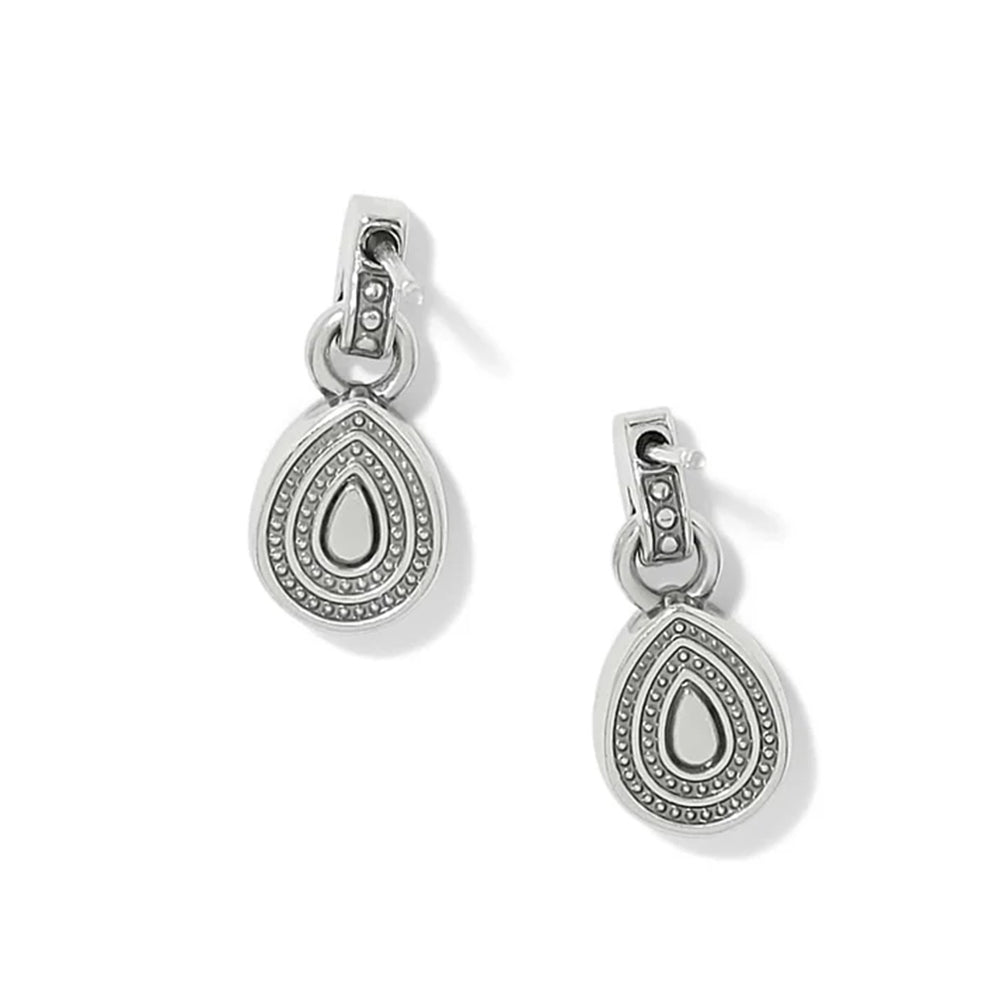 A pair of silver teardrop-shaped drop earrings with intricate textured detailing and small clear stones, shown on a clean white background.