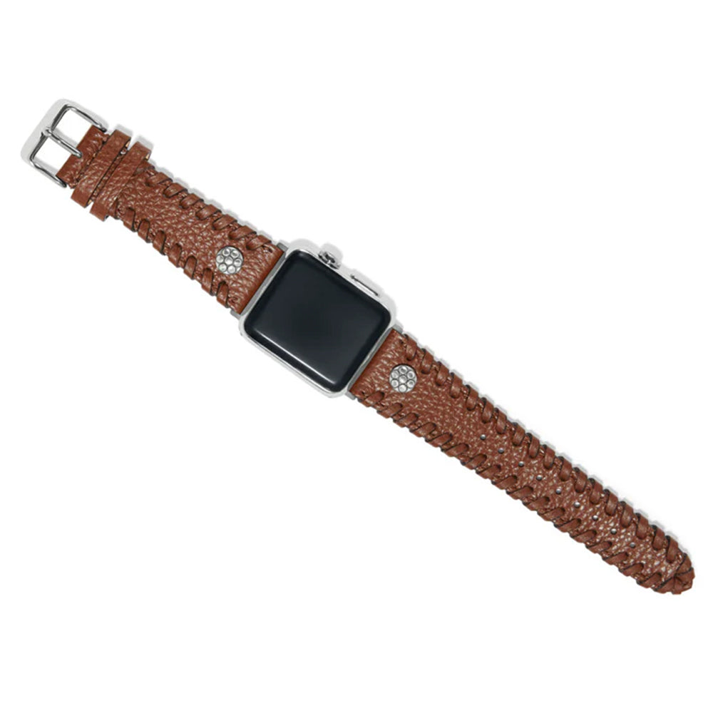 Brown textured watch strap with silver buckle on a white background
