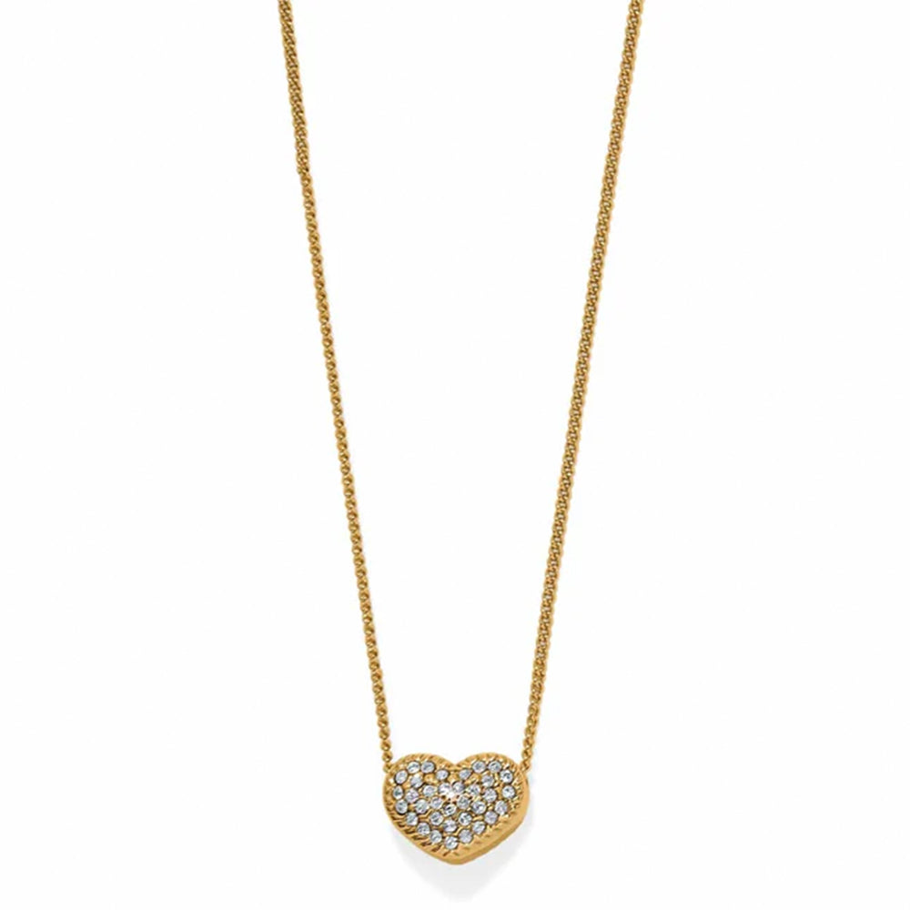 Gold necklace with a heart-shaped pendant on a white background