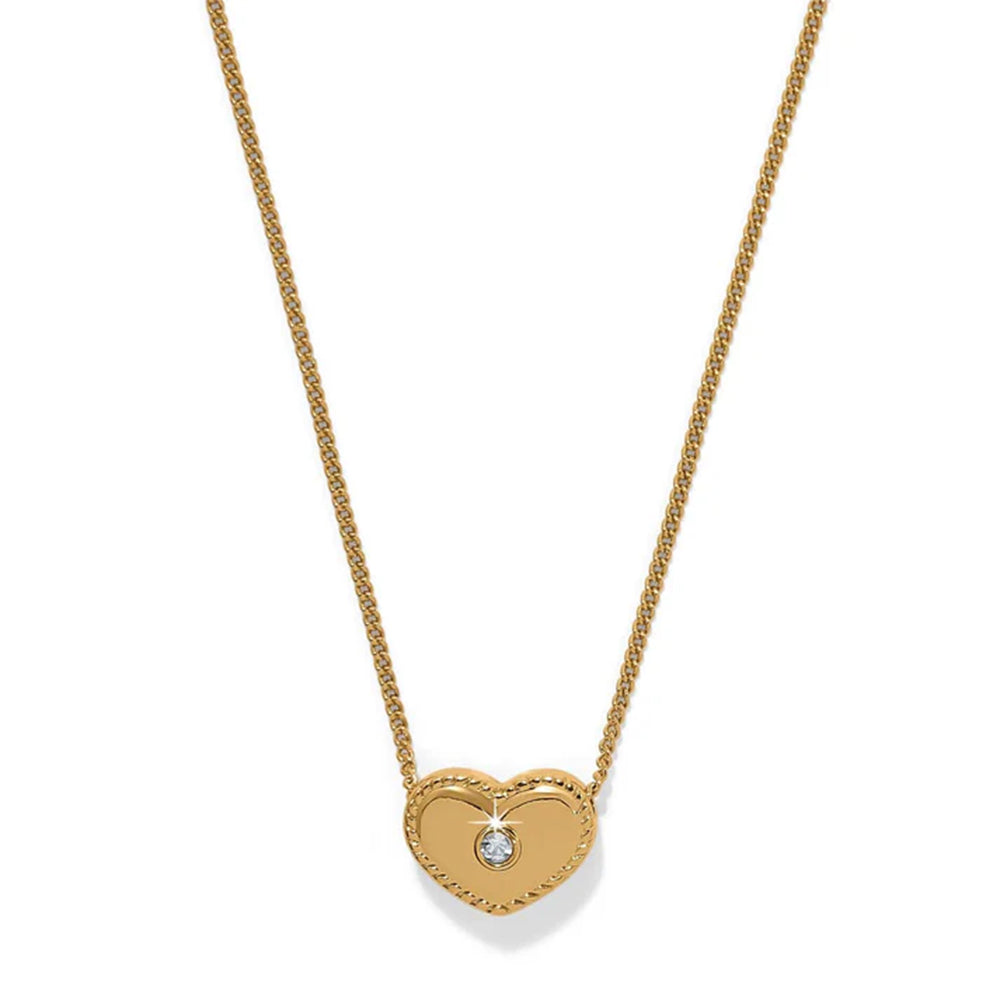 Gold heart-shaped necklace with a diamond on a white background