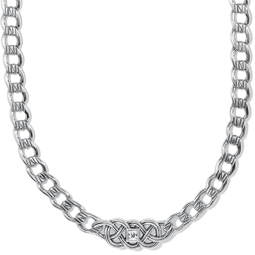 Silver chain necklace with a diamond clasp on a white background