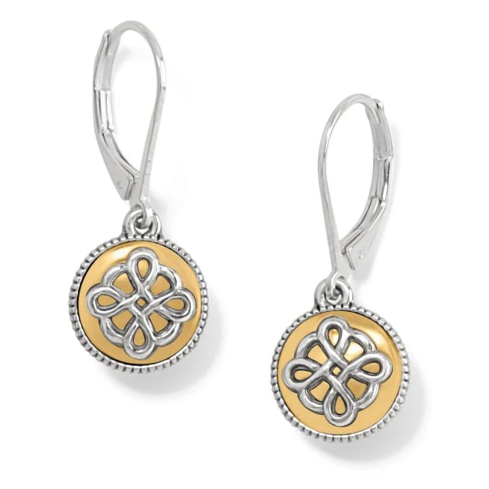 Pair of earrings with gold and silver Celtic knot design on a white background