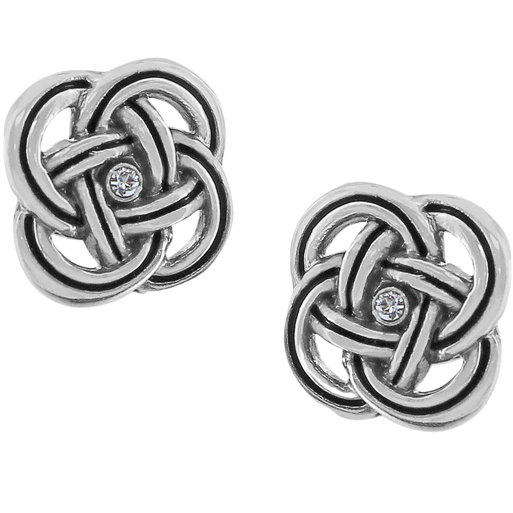 A pair of Brighton Interlok post earrings with a geometric interwoven design in silver color, featuring small clear stones.