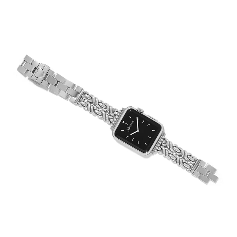 A silver-tone watch with a rectangular black dial and a distinctive interlocking link bracelet, shown on a plain white background.
