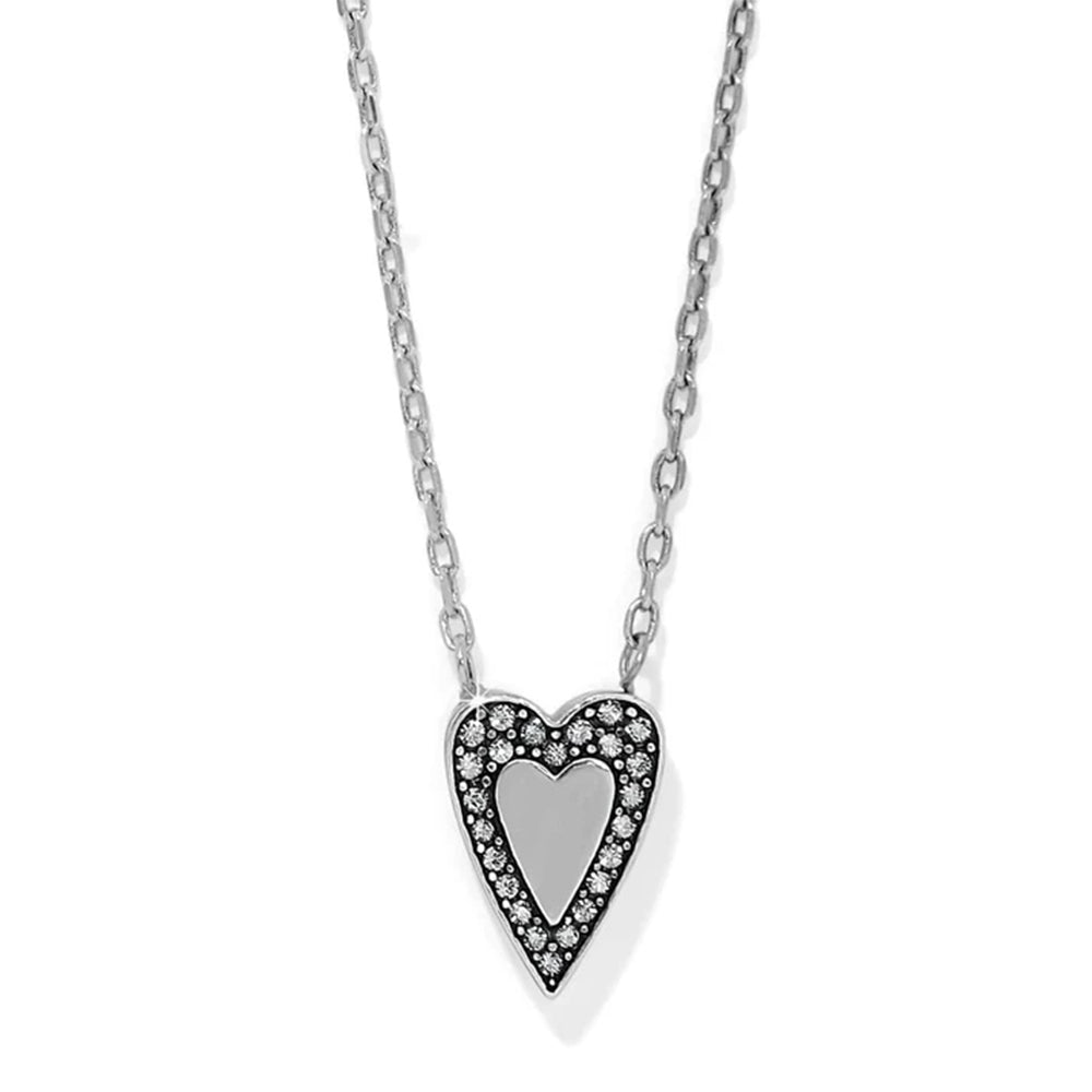 Heart-shaped pendant necklace with clear stones on a white background