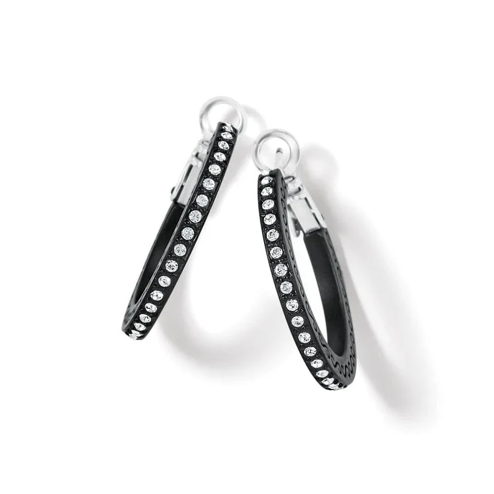 Black hoop earrings with clear stones on a white background