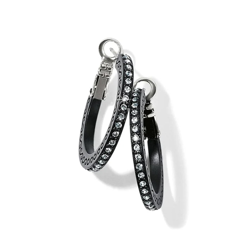 Black hoop earrings with embedded stones on a white background