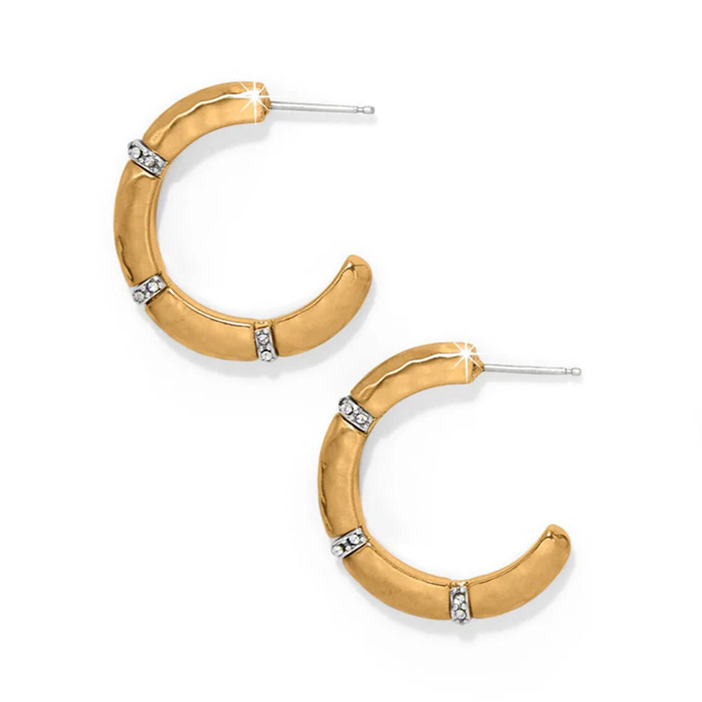 Gold hoop earrings with embedded stones on a white background