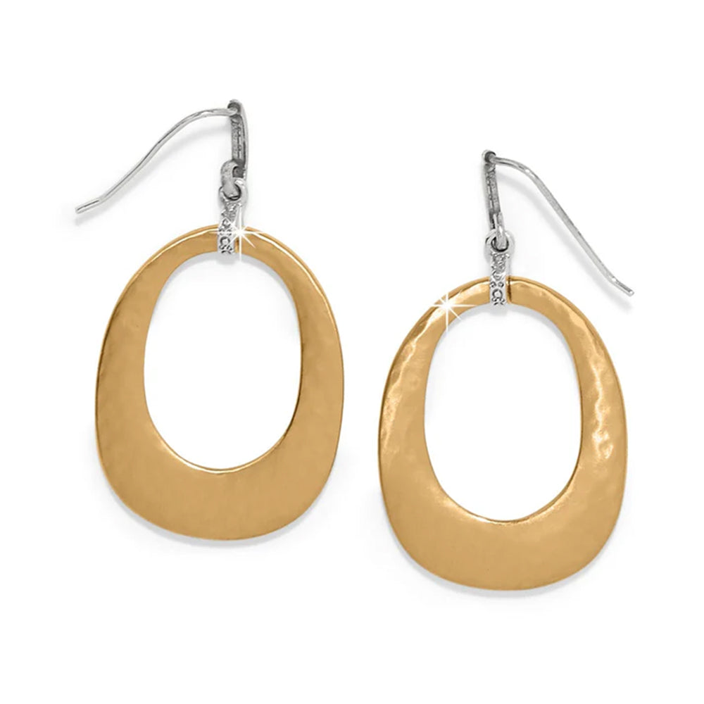 Gold oval earrings with silver hooks on a white background
