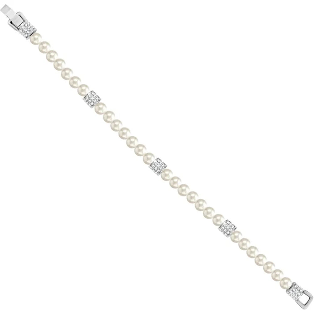 A pearl bracelet with silver-tone square links and clear crystal accents, shown diagonally on a plain white background.