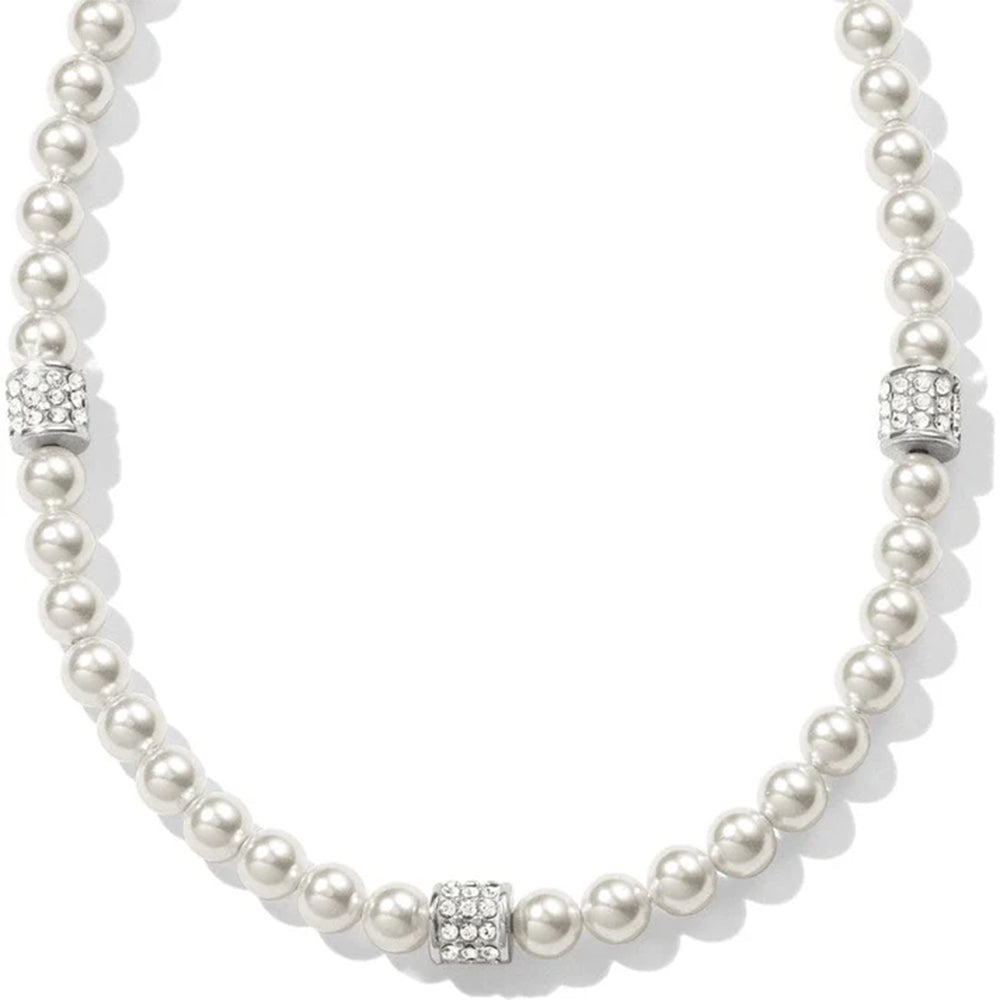 Pearl necklace with silver clasp on a white background