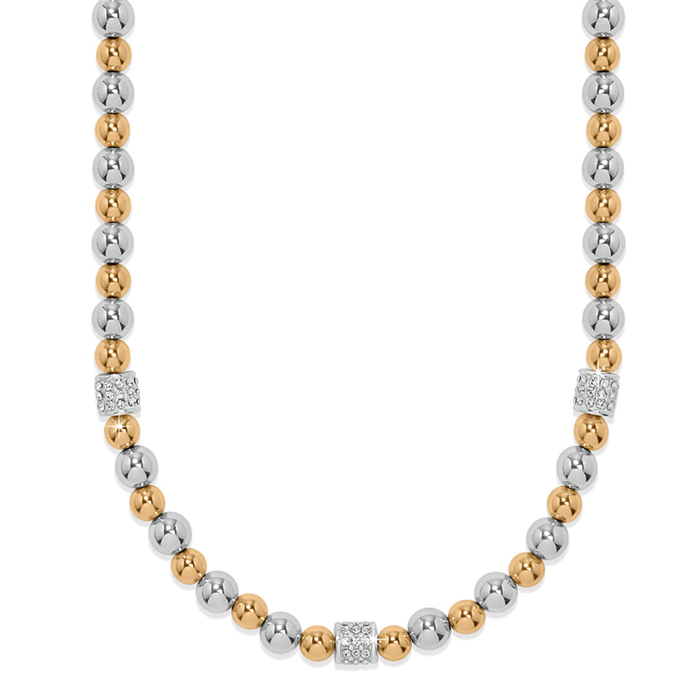 Necklace with alternating silver and gold beads on a white background