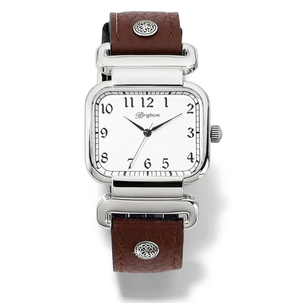 Watch with brown leather strap and silver case on white background