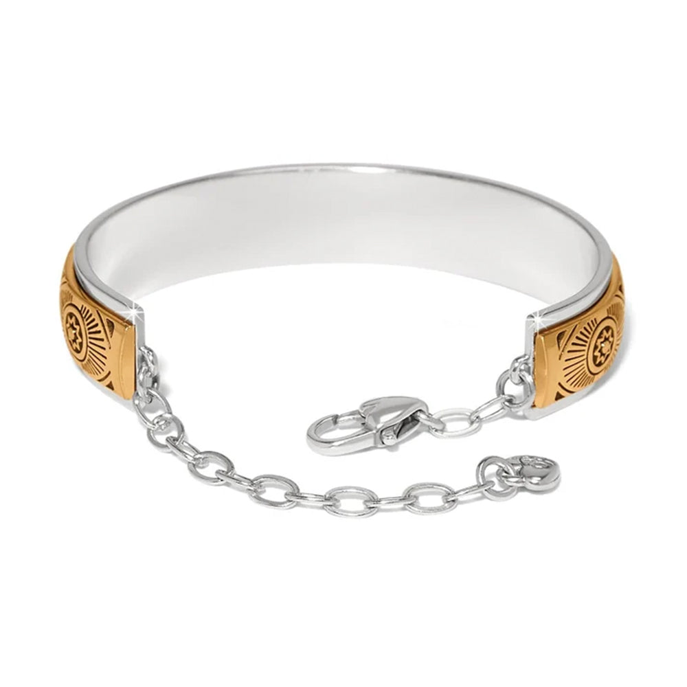 Silver and gold bracelet with chain on a white background