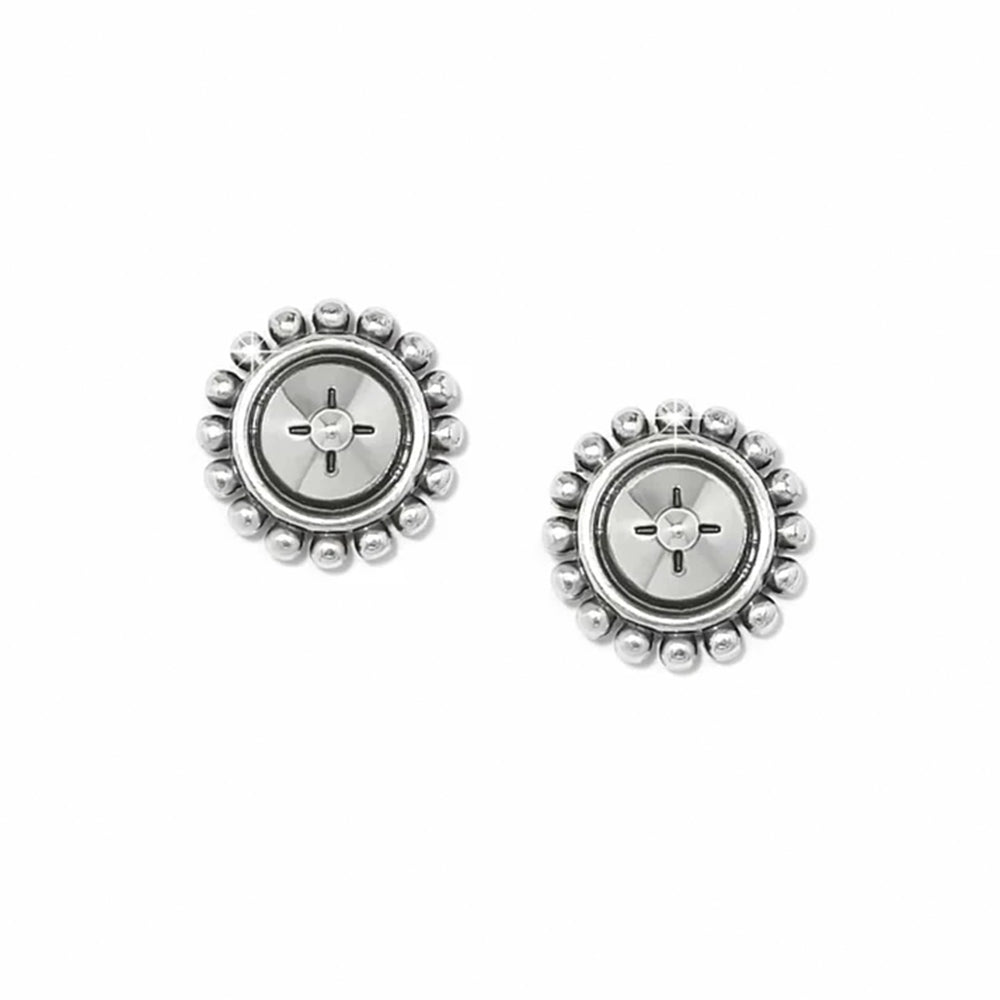 Pair of silver earrings with intricate designs on a white background