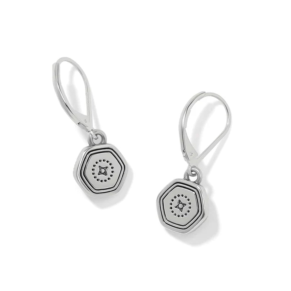 A pair of sterling silver leverback earrings with hexagonal charms featuring concentric octagons and a central star motif, shown on a clean white background.