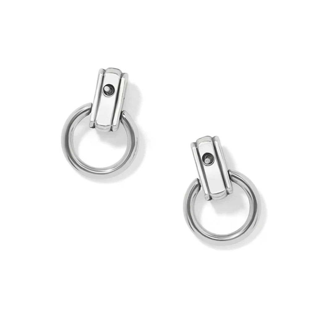 A pair of silver-toned drop earrings with a minimalist rectangular post and a circular ring, shown on a clean white background.