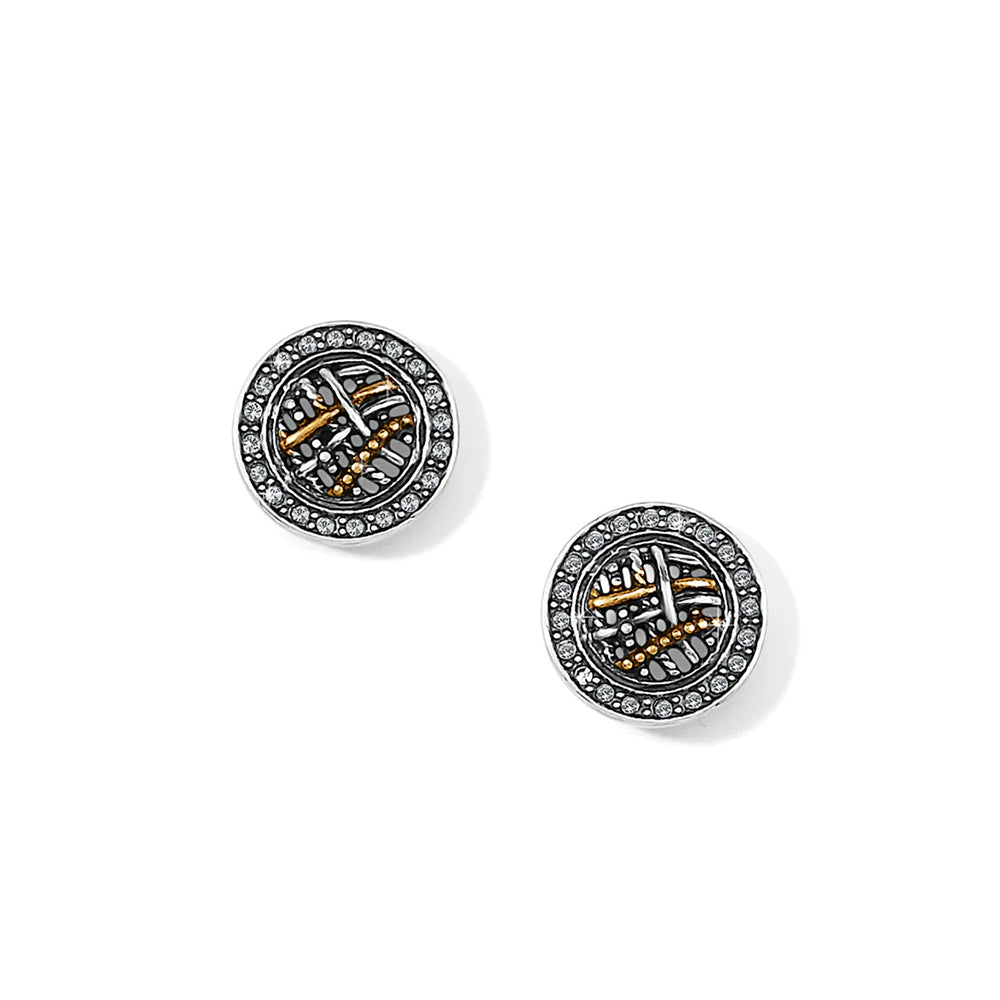Pair of round earrings with intricate designs on a white background