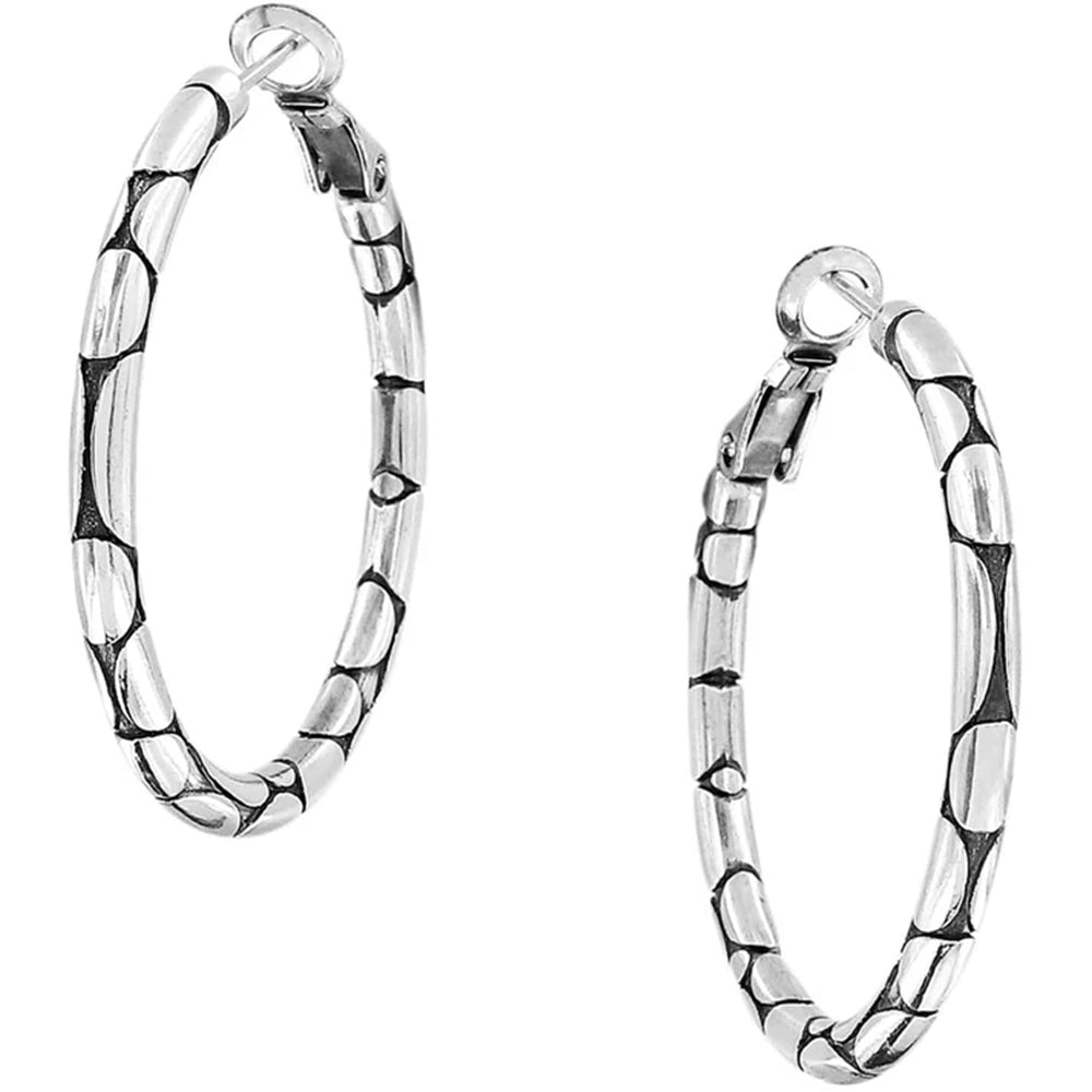 A pair of silver hoop earrings with a textured, segmented snake-skin-like pattern, shown on a plain white background.