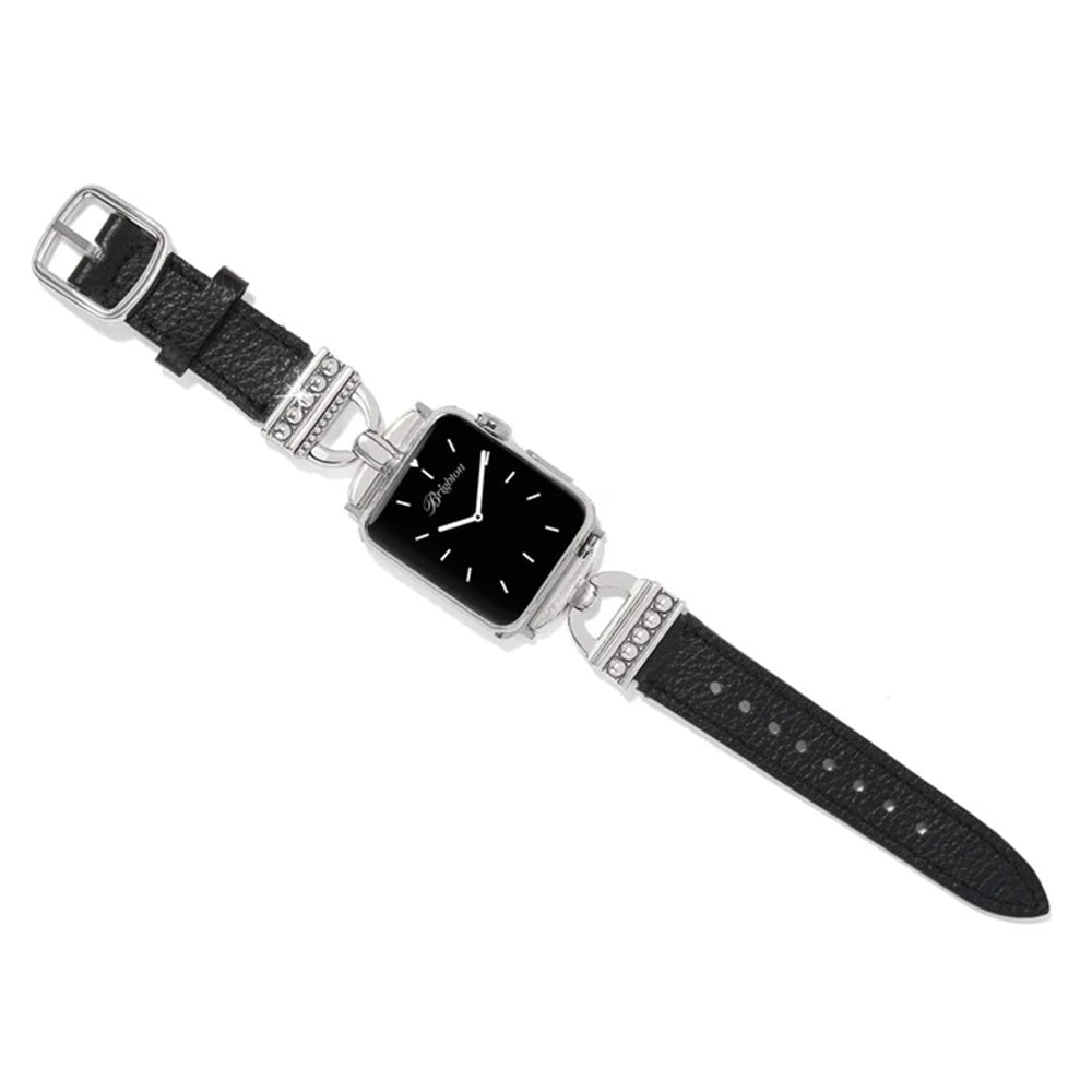 Black watch with silver case and black leather strap on a white background
