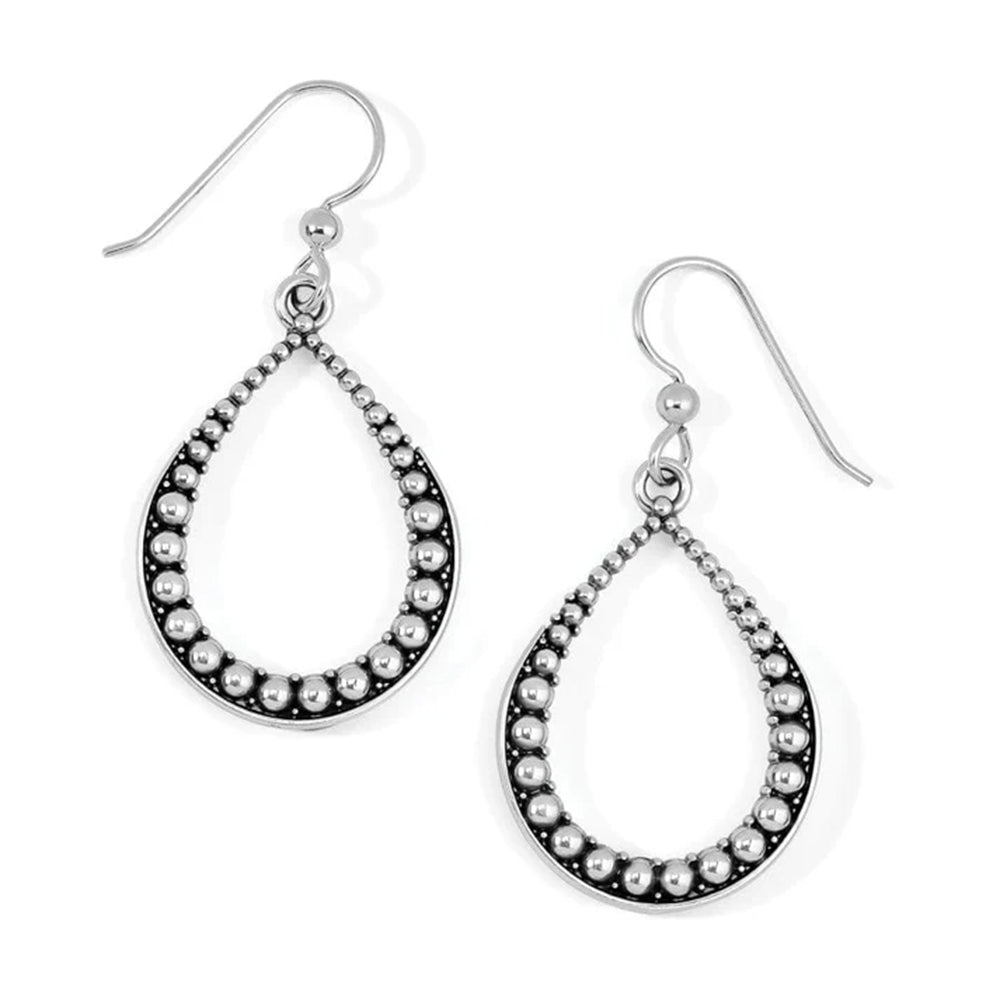 Teardrop-shaped earrings with pearl-like beads on a white background
