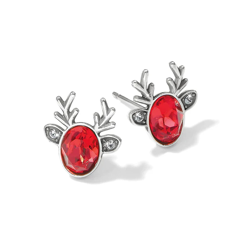 Pair of earrings with red gemstones and silver antler designs on a white background