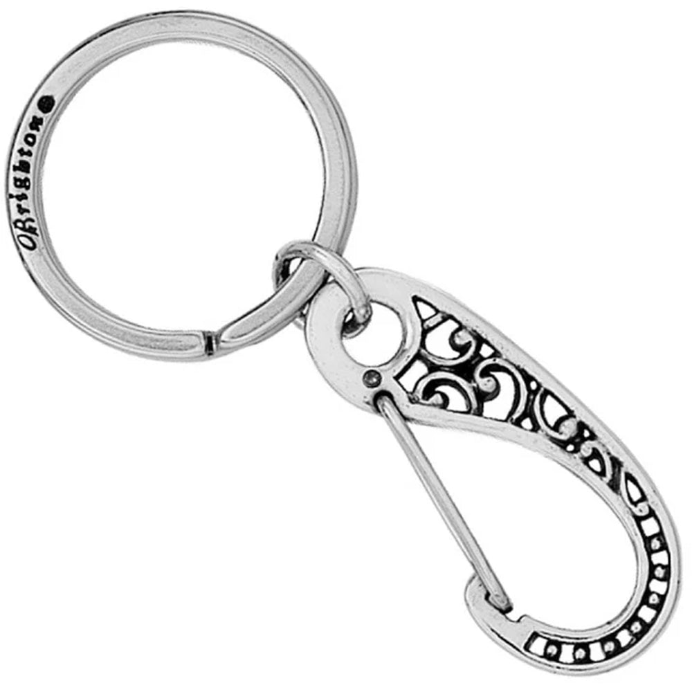 Silver keychain with carabiner and intricate design on a white background