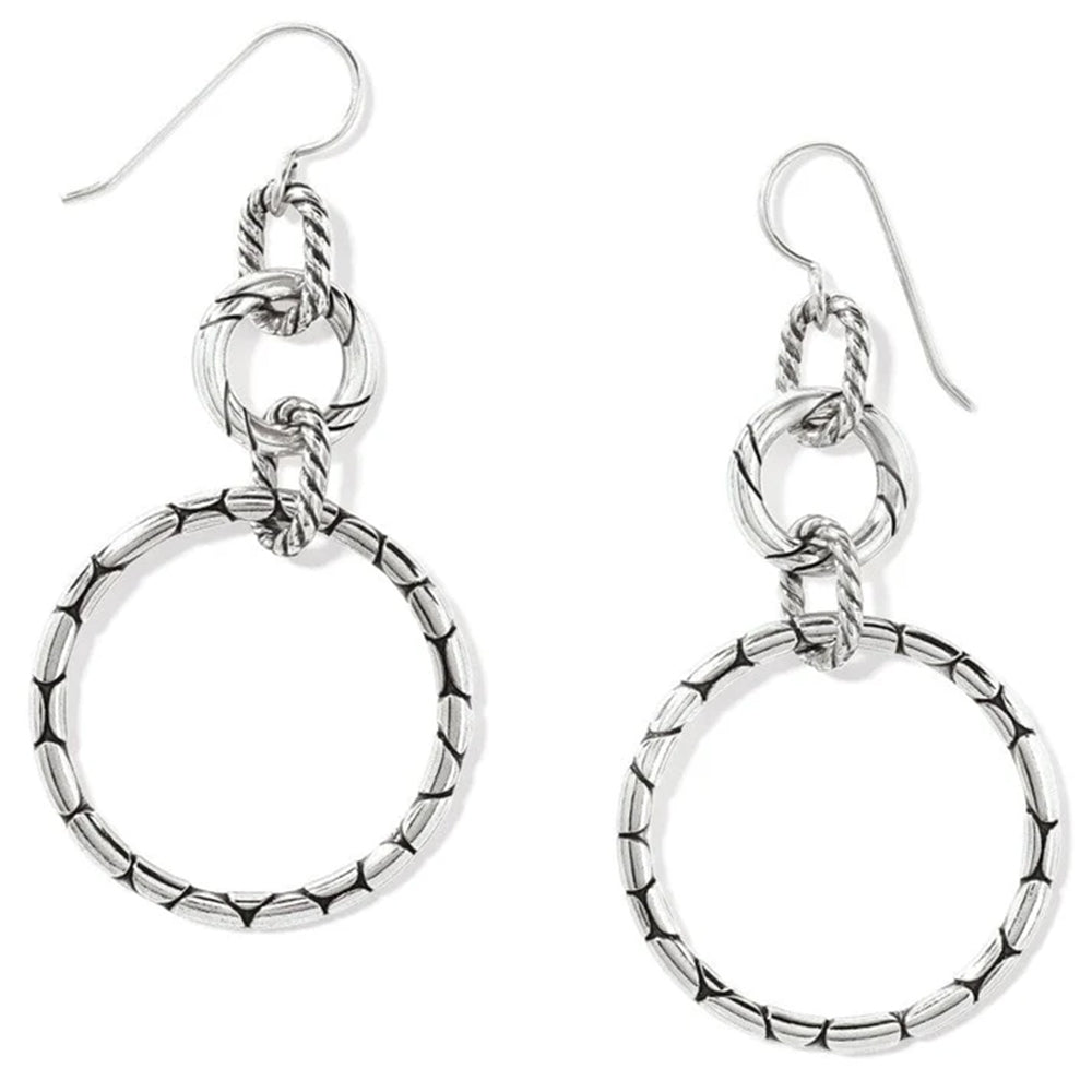 Pair of silver hoop earrings with chain details on a white background