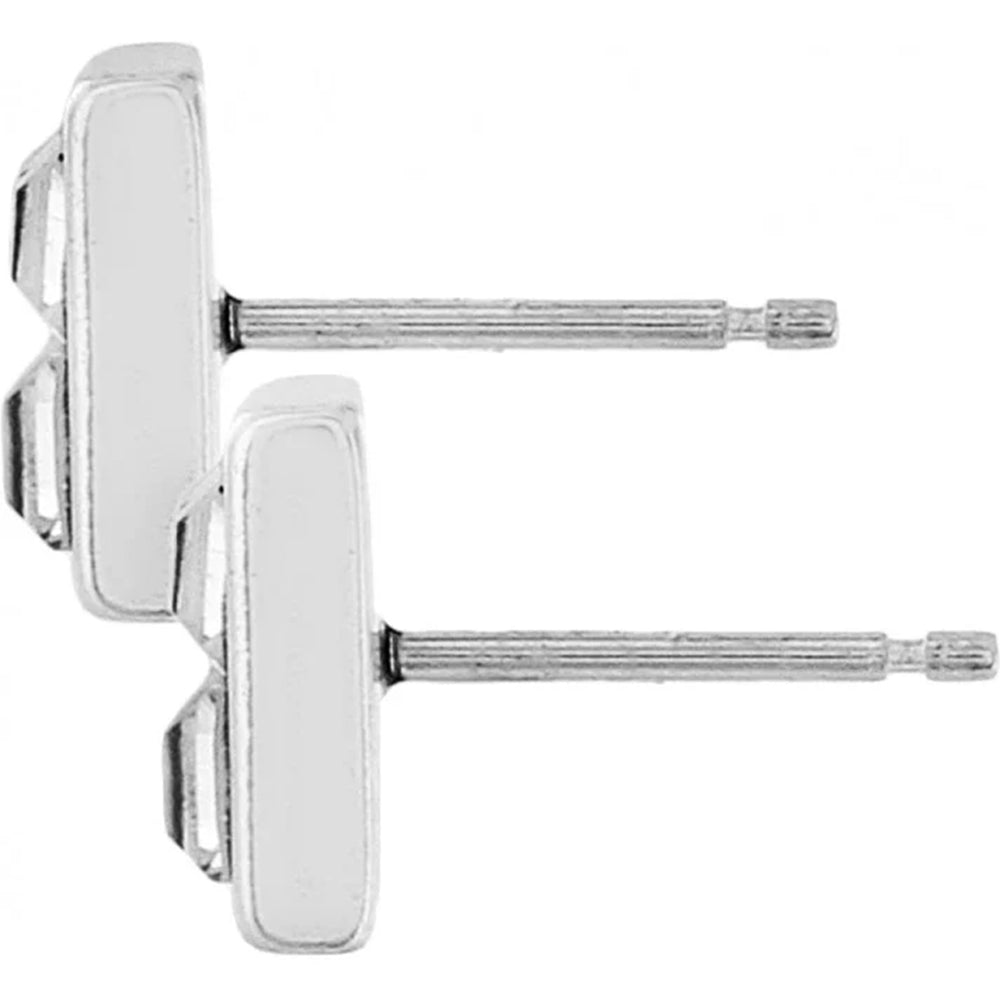 Pair of silver square stud earrings on a white background