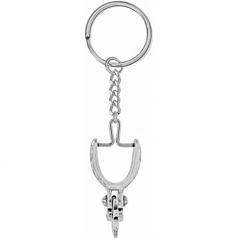 Silver keychain with a unique design on a white background