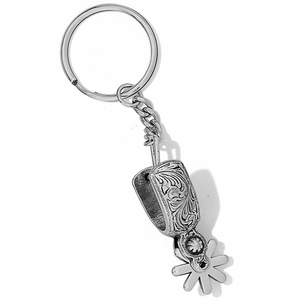 Silver keychain with a cowboy hat and lasso design on a white background