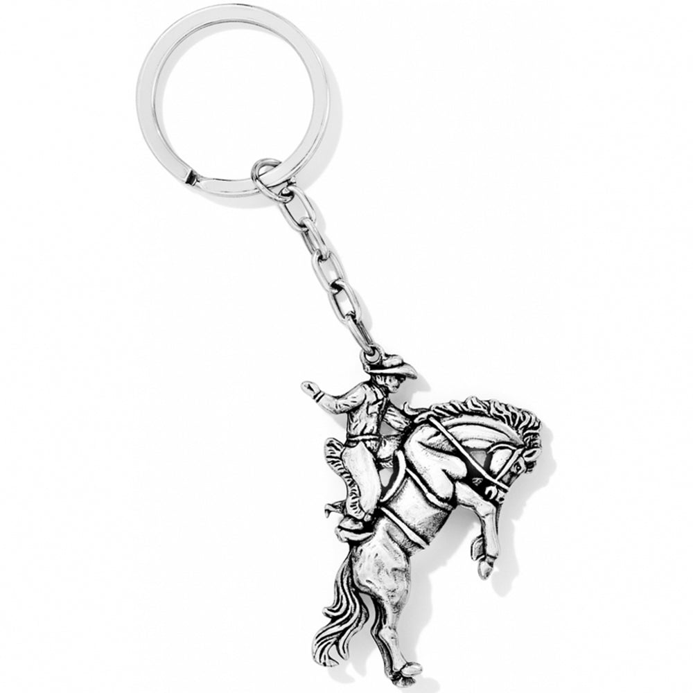 Silver keychain with a horse and rider design on a white background