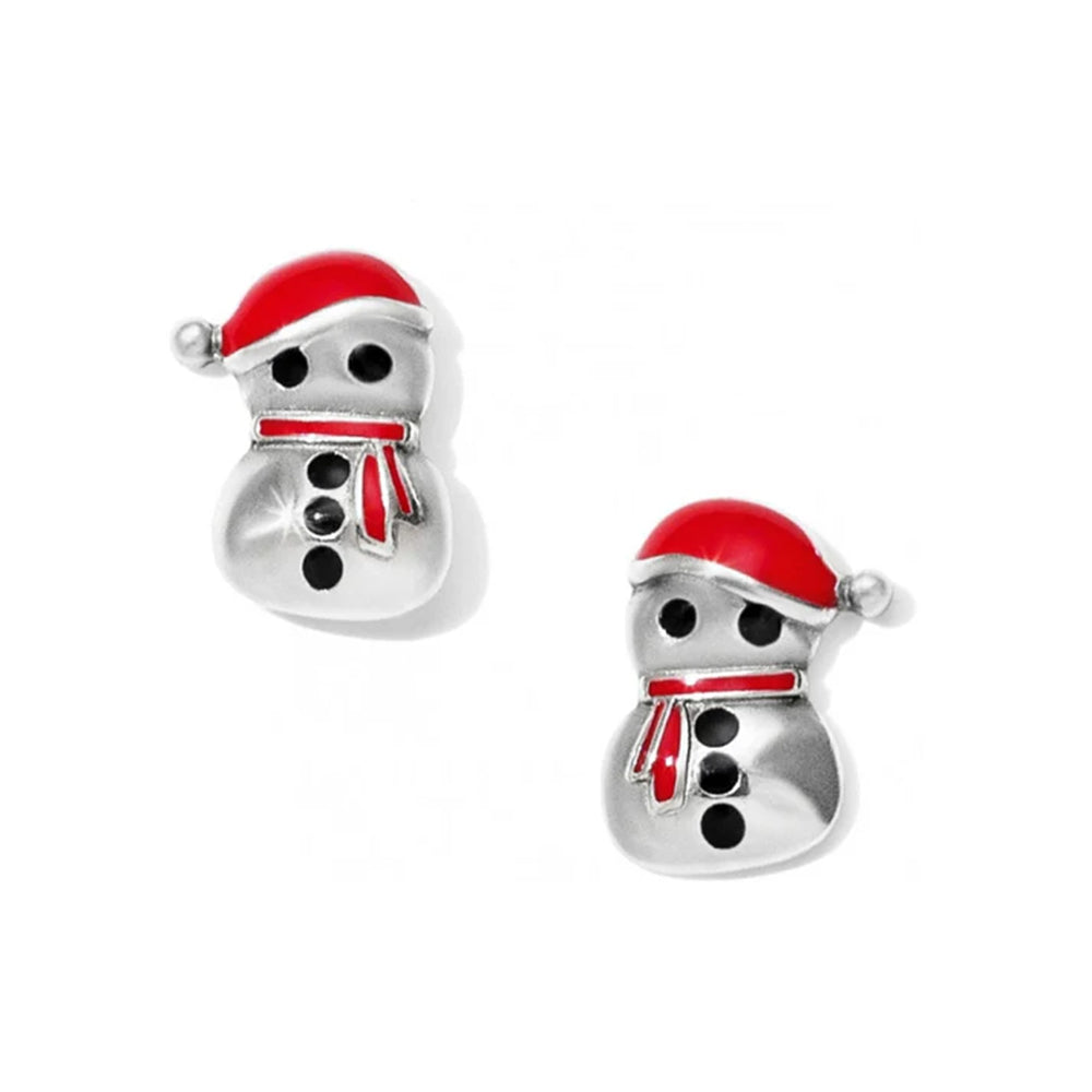 Pair of snowman-shaped earrings with red hats and scarves on a white background
