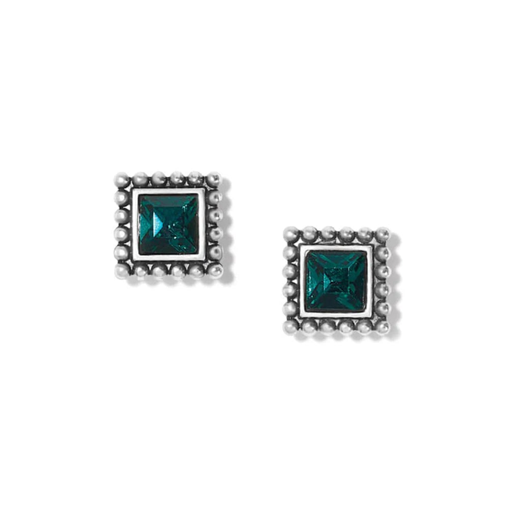 Pair of square stud earrings with teal gemstones on a white background